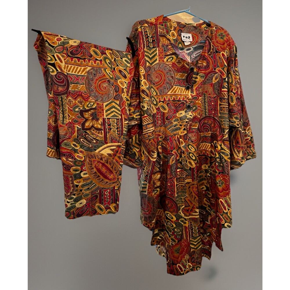 VTG FAD Tunic Set OS Art-To-Wear Afro Boho Retro Rayon Oversized Baggy USA